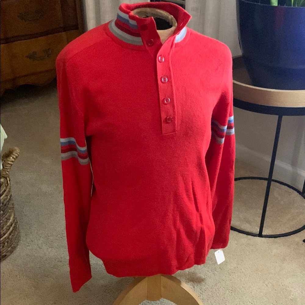 Vintage Esprit Men's Red Wool/ AcrylicSweater with Strips Size Large Y2K